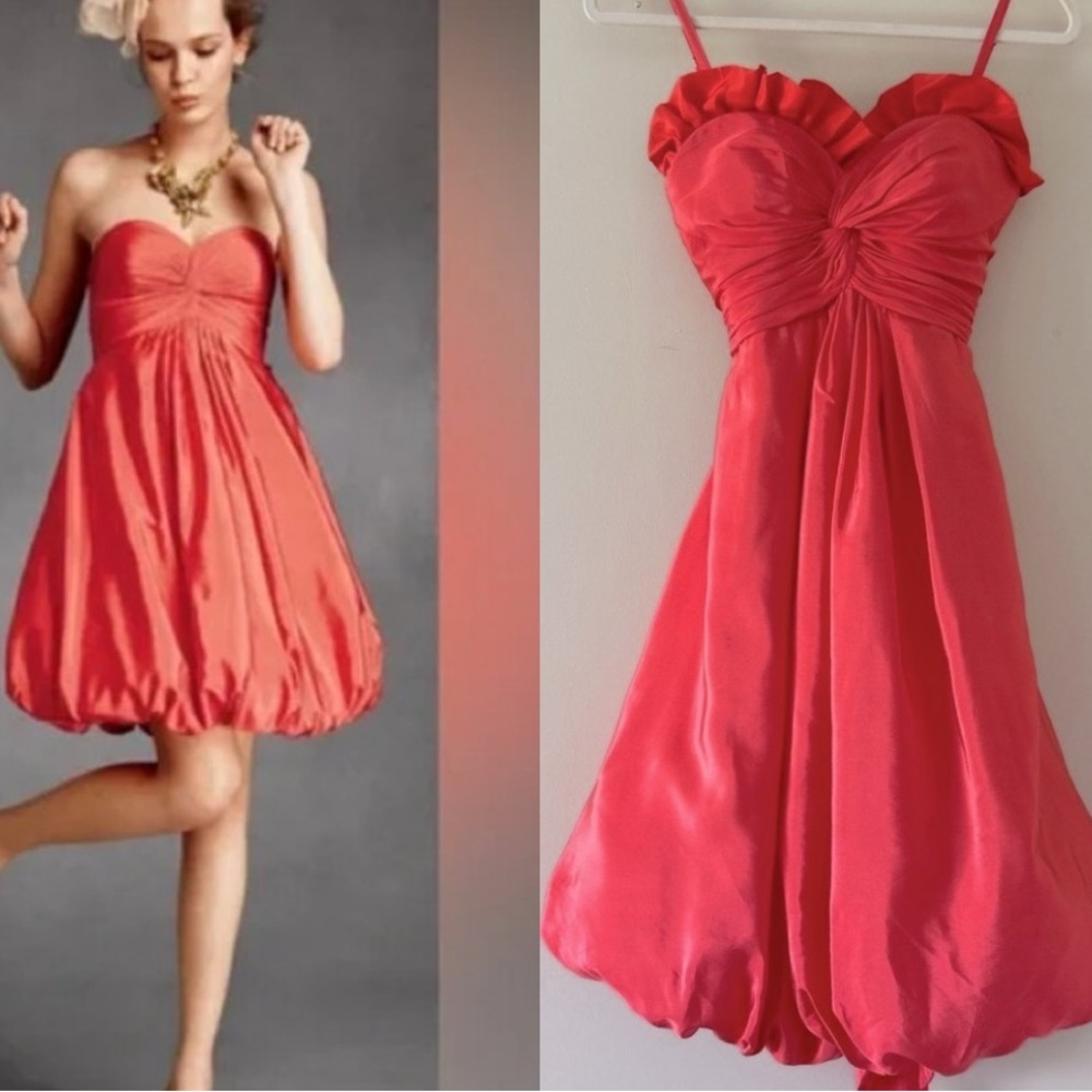 Anthropologie | Hitherto Hot Pink Silk Dress Ruffle Sweetheart Neck Bubble Hem 2